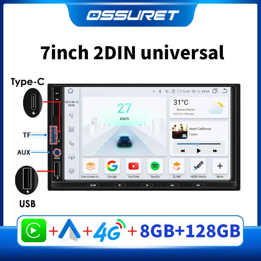 

2din Android Car Radio Wireless CarPlay 2 Din Universal Car Stereo 7 Inch Touch Screen with Type-c Aux TF Card GPS Multimedia