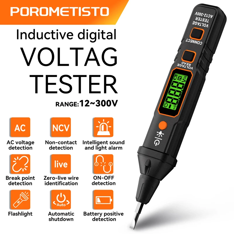 

VT06 Бесконтактная интеллектуальная индукционная ручка Тестер живого/нулепровода Тестер напряжения переменного тока 12-300 В переменного тока с ЖК-дисплеем и зуммером