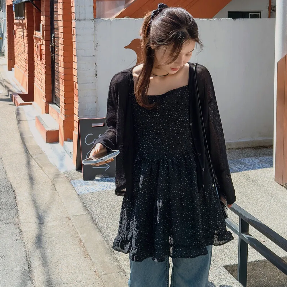 

Корейский стильный молодежный топ-жилет в горошек миди-длины, универсальный шифоновый, для многослойных образов, весна-осень-зима, женская одежда