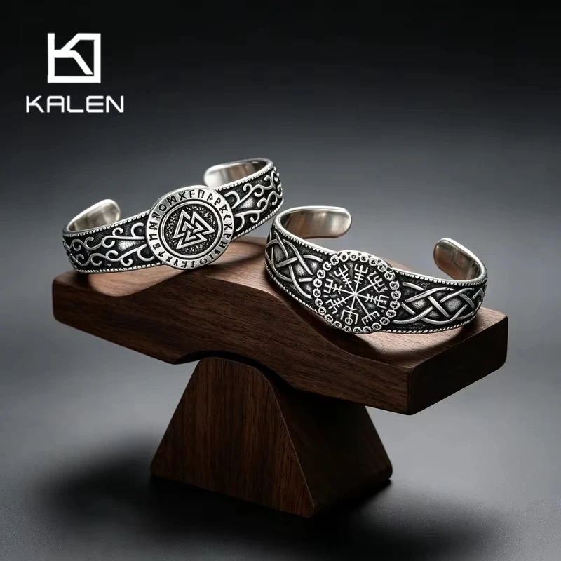 Kalen Vintage Stainless Steel Norse Viking Open Bangle for Men Punk Saint Benedict Bull Head Rock Adjustable Jewelry Gifts