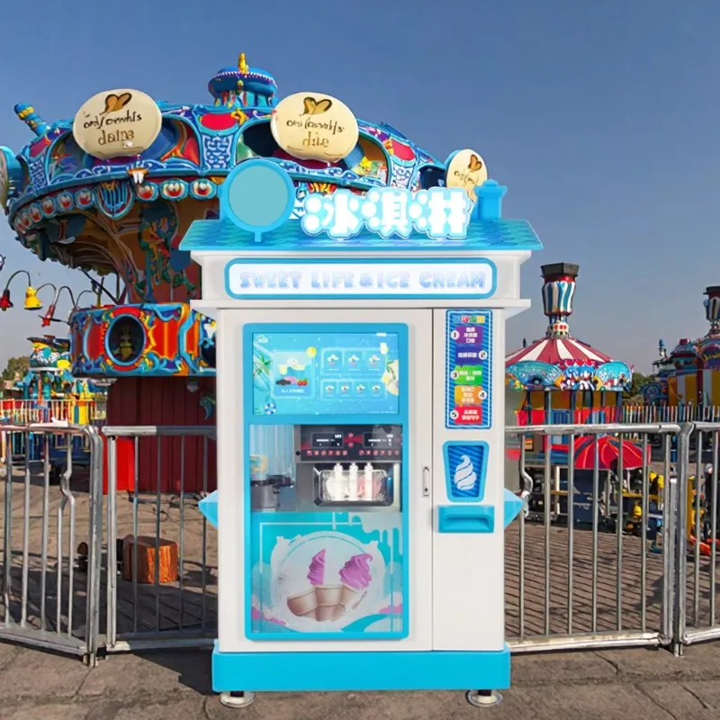 Commercial Robot Ice Cream Kiosk Vending Machine, Automatic Ingredients Delivery System for 3 Kinds Soft Ice Cream Flavors