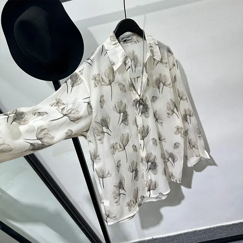 Fashionable Design Transparent Printed Loose Long Sleeves Shirt Ruoshuai High-Grade Popular Thin Top for Men and Women