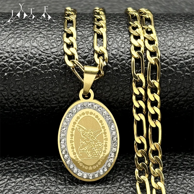 Siegel des Erzengels Michael Medaille Halskette für Damen/Herren Strass Edelstahl Gold Silber Farbe Talisman Kette Schmuck