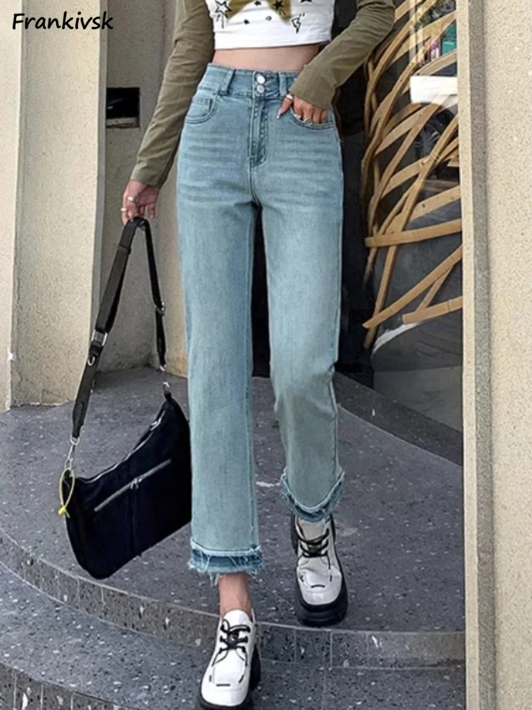 

Jeans Women Ankle-length Straight All-match Korean Style Spliced Vintage Casual Bleached Streetwear Basic Summer Fashion Soft