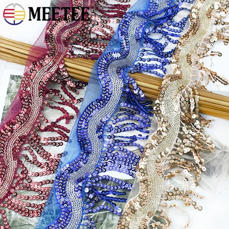 1-5Yards Meetee 8cm Sequin Tassels Fringe Lace Trims Latin Dance Dress Decorative Trimmings Ribbon Sewing Wedding Dresses Fabric