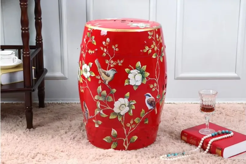 Traditional Chinese Design Porcelain Drum Ceramic Stool Living Room Bedroom Hall Garden Outdoor Home Decor Flower Bird Pattern