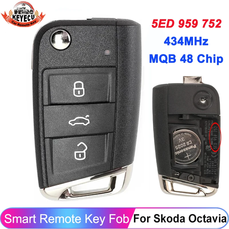 KEYECU 5 e0959752 dla Skoda Octavia 2014 2015 2016 2017 bez kluczyka 5 e0 959 752 434MHz pilot zdalnego sterowania bez scyzoryk nóż 5 ed959752