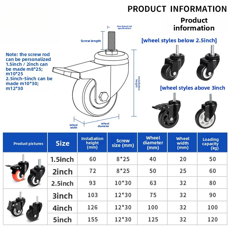 1.5/2 Inch Golden‑Threaded‑Stem Swivel Caster Wheel With Brake, Double‑Bearing Roller Shelf Furniture Hardware