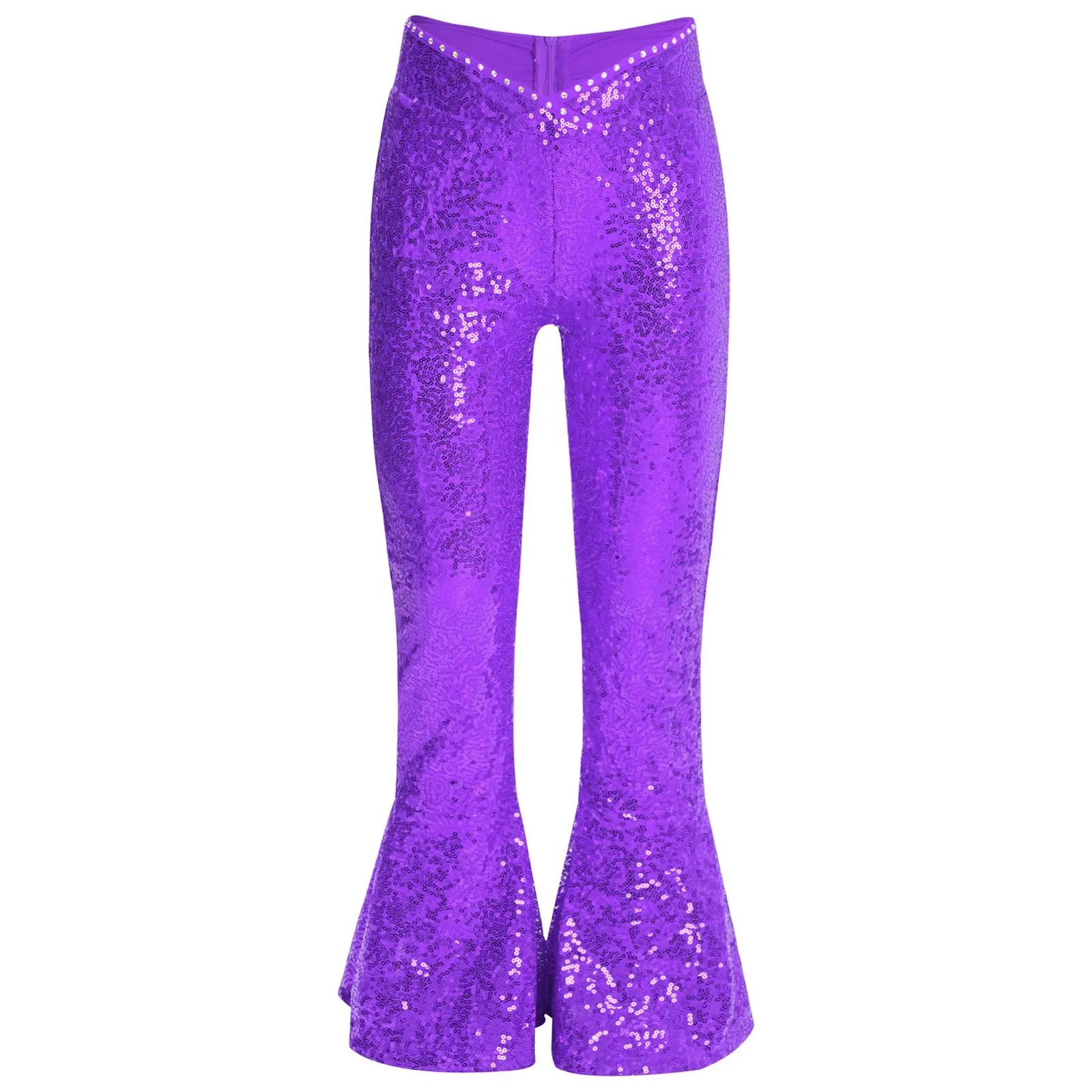 

Kids Girls Dance Pants V-Front Waistline Rhinestones Sequin Zipper Flared Pants for Jazz Latin Dance Performance Competition