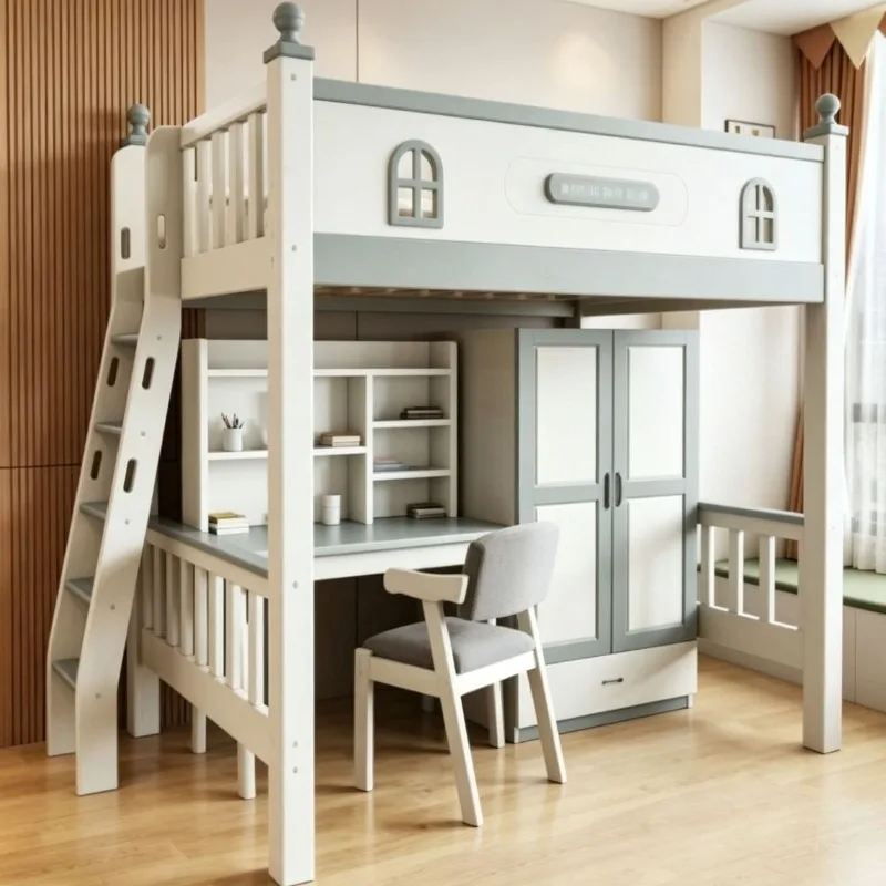 White gray solid wood bed, desk, wardrobe integrated combination, children go to bed and get off the table