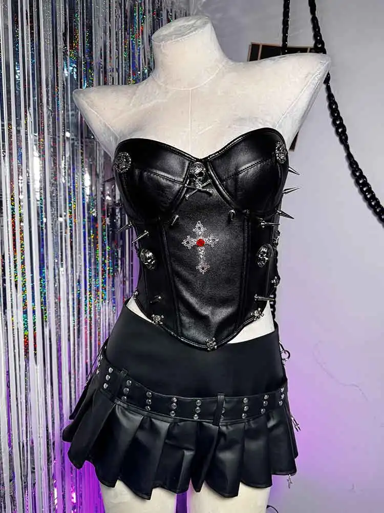 

Gothic Pu Leather Skull Y2K TOPS Chain Emo Grunge Kawaii Goth Corset E-Girls Club Wear Punk Rock Spike Studded Rivet Cyber