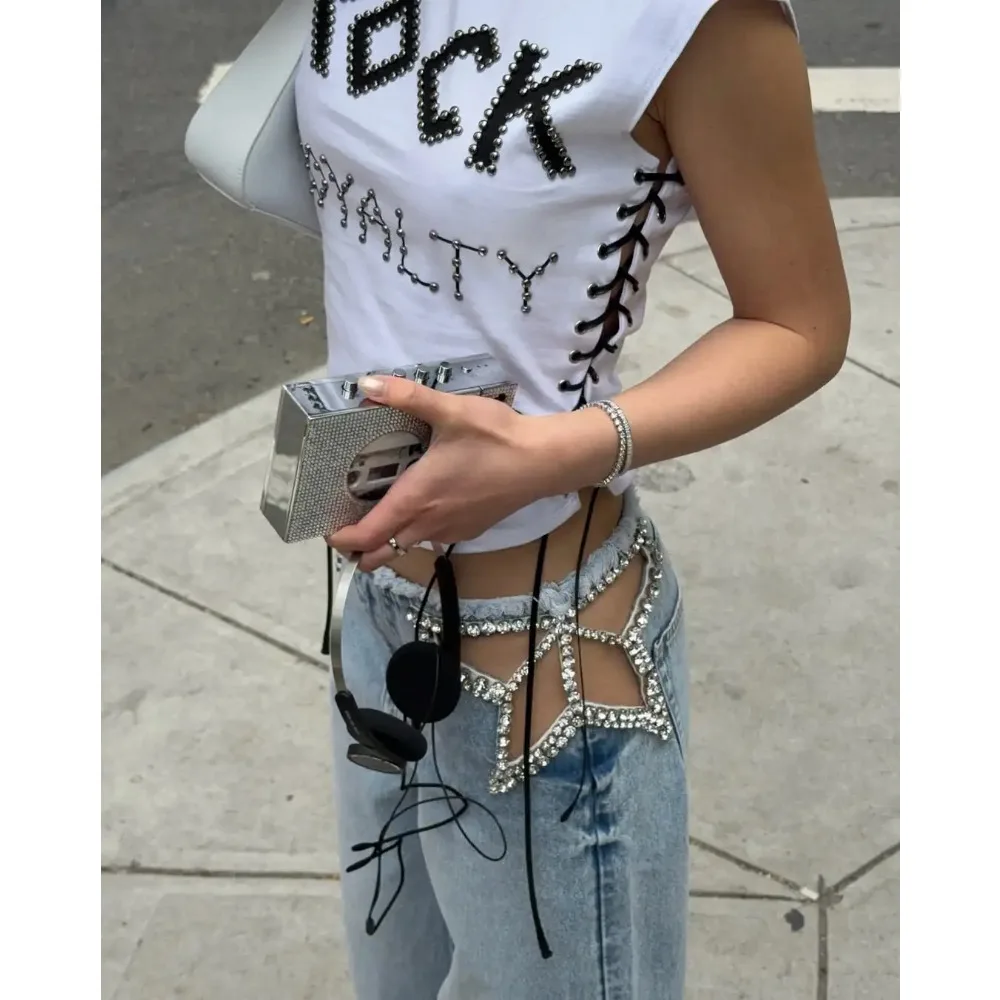 American Style Y2K Retro Brick Inlaid Hollow Decoration Blue High Waisted Street Hip-hop Wide Leg Harajuku Loose Women's Jeans