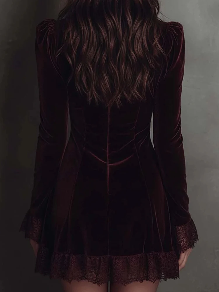 Women Sexy Long Petal Sleeve Chic Mini Dress, Holiday Autumn Winter Deep V Neck Party Dress, Lace Patchwork Elegant Ladies Dress