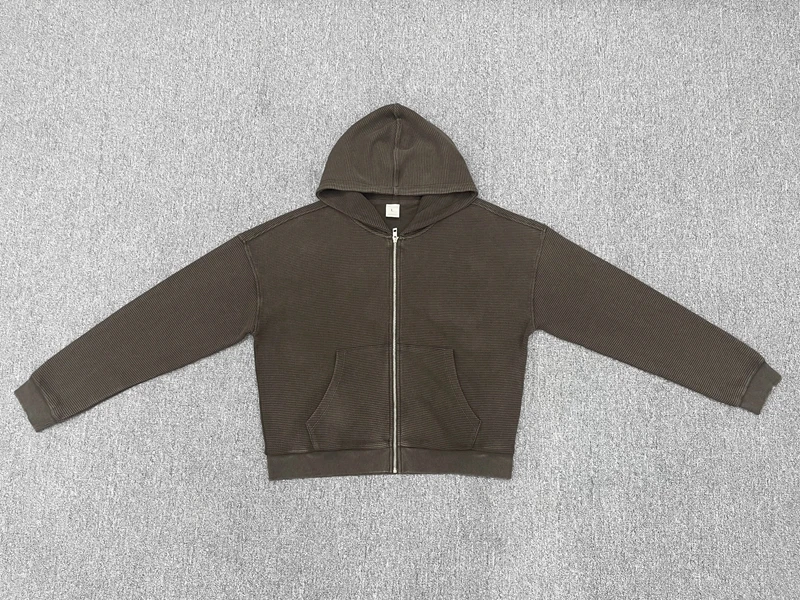 Waffle Knit Full Zip Hoodie for Men Vintage Washed Hooded Sweatshirt Casual Loose Cotton Kangaroo Pocket Streetwear Clothes