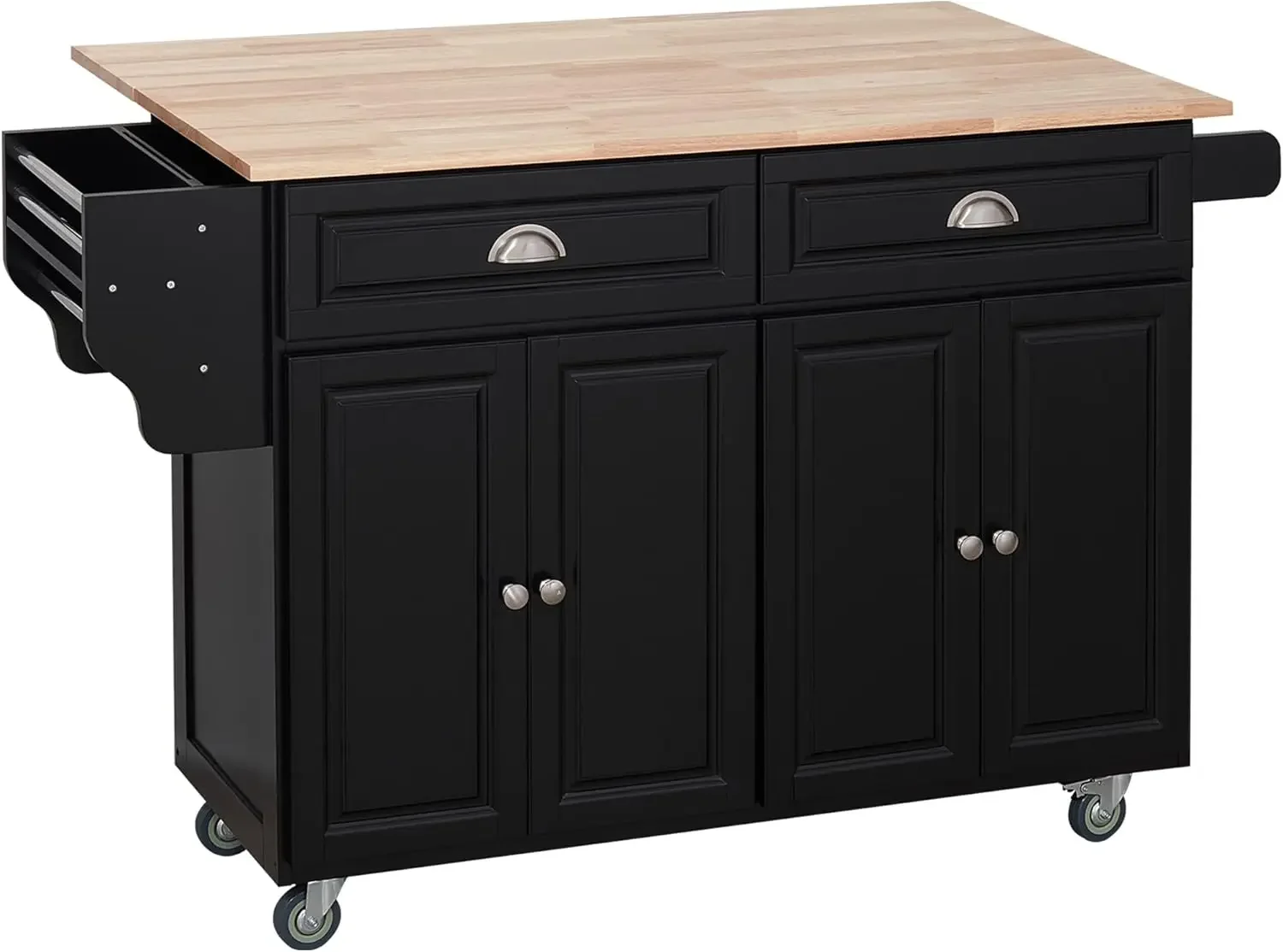 

HOMCOM Rolling Kitchen Island Drop Leaf, Kitchen Cart on Wheels, Solid Wood Top Breakfast Nook with Storage Drawers, 4-Door