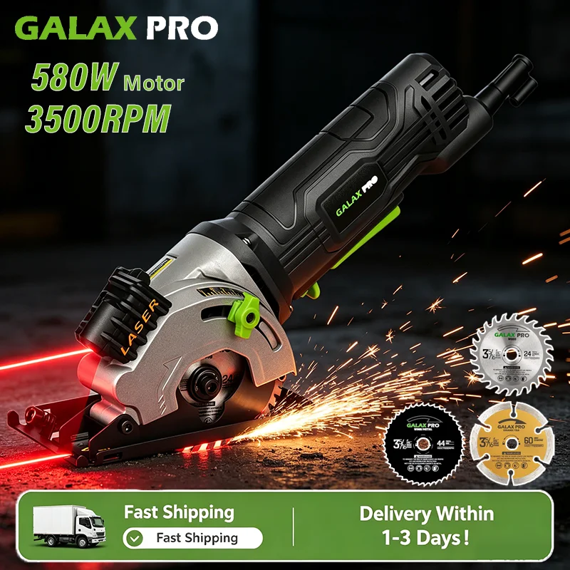 Piła tarczowa GALAX PRO Mini, 580W, 3500 obr./min, maksymalna głębokość cięcia 28,5 mm, trzy sztuki 85mm brzeszczotów, wyposażona w laserowe szyny prowadzące, odpowiednia do drewna, PVC i innych