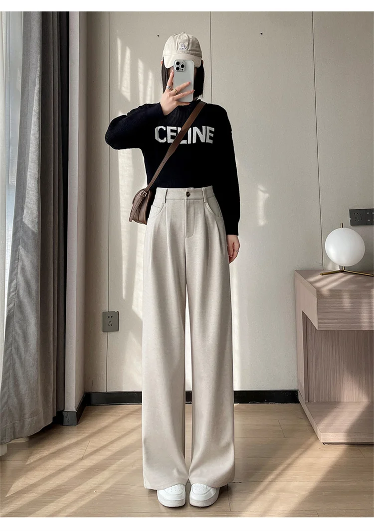 2023 Autumn and Winter New Wool Blended Wide-Leg Pants Straight Mopping Pants High Waist Slim Lengthened Casual Pants for Women
