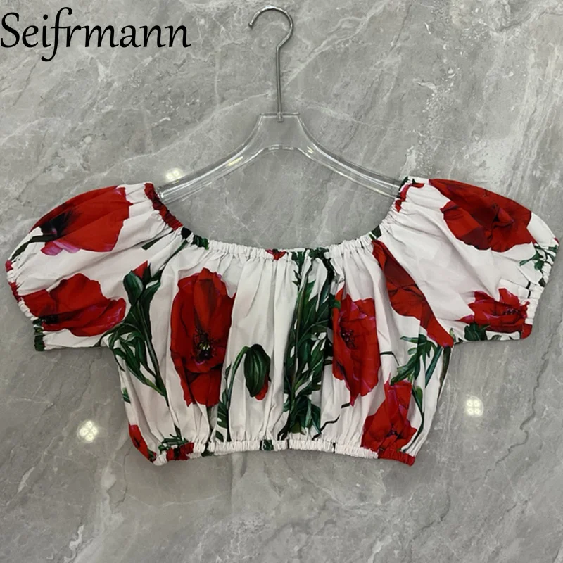 Seifrmann 2026 summer fashion women's two-piece casual printed one neck short sleeved cotton top+half skirt set
