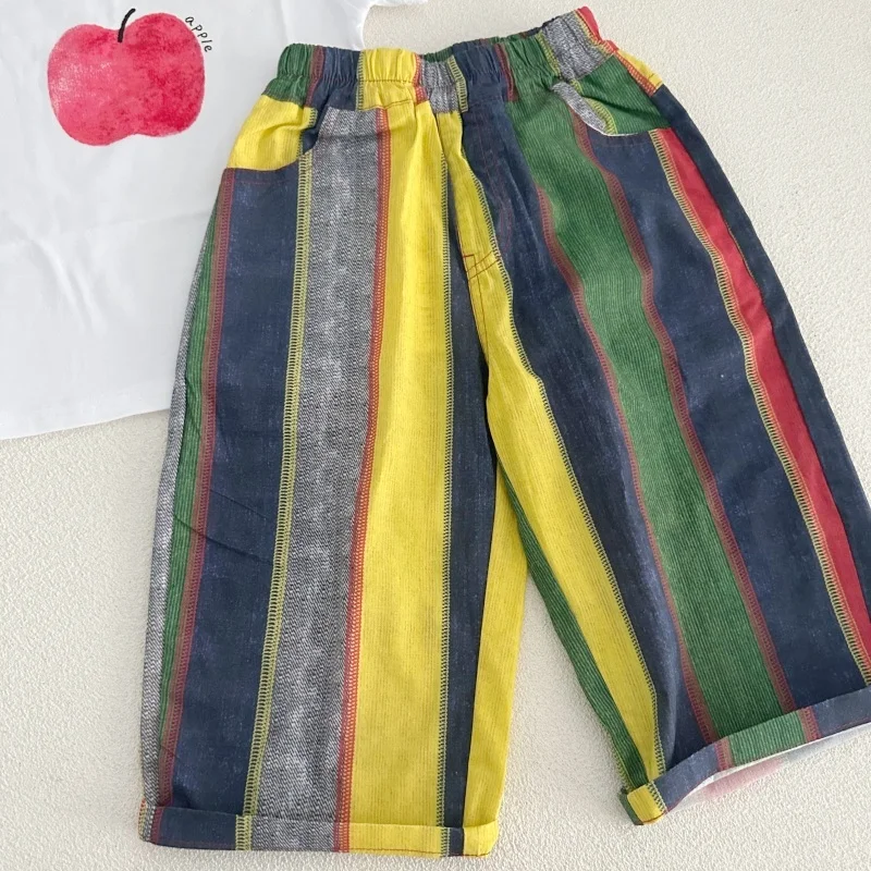 Summer Colorful Stripe Kids Pants Thin Loose Casual Boys Trousers Cotton Breathable Children  Pants Streetwear for 1-8Y Boys