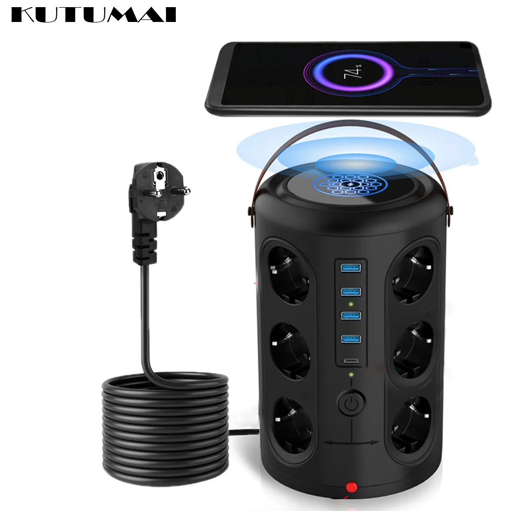 To Tower Multi Power Strip Vertical EU Plug 12 Outlets Sockets with 4USB+1 TYPE-C Overload Protector Switch Multiple Vertical