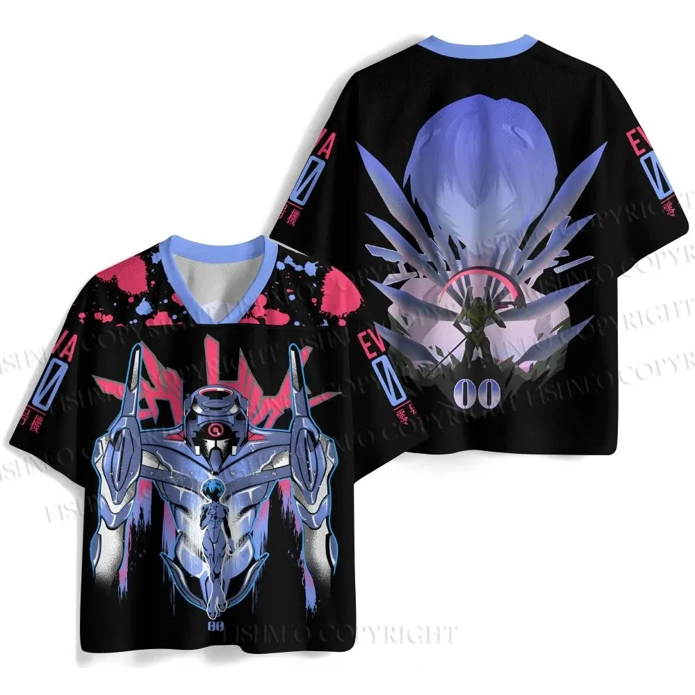 New  Anime Evangelion Rei Ayanami Unit-00 Print Mesh Jersey T-shirt Men Oversized Streetwear V-Neck Casual Short Sleeve Tops