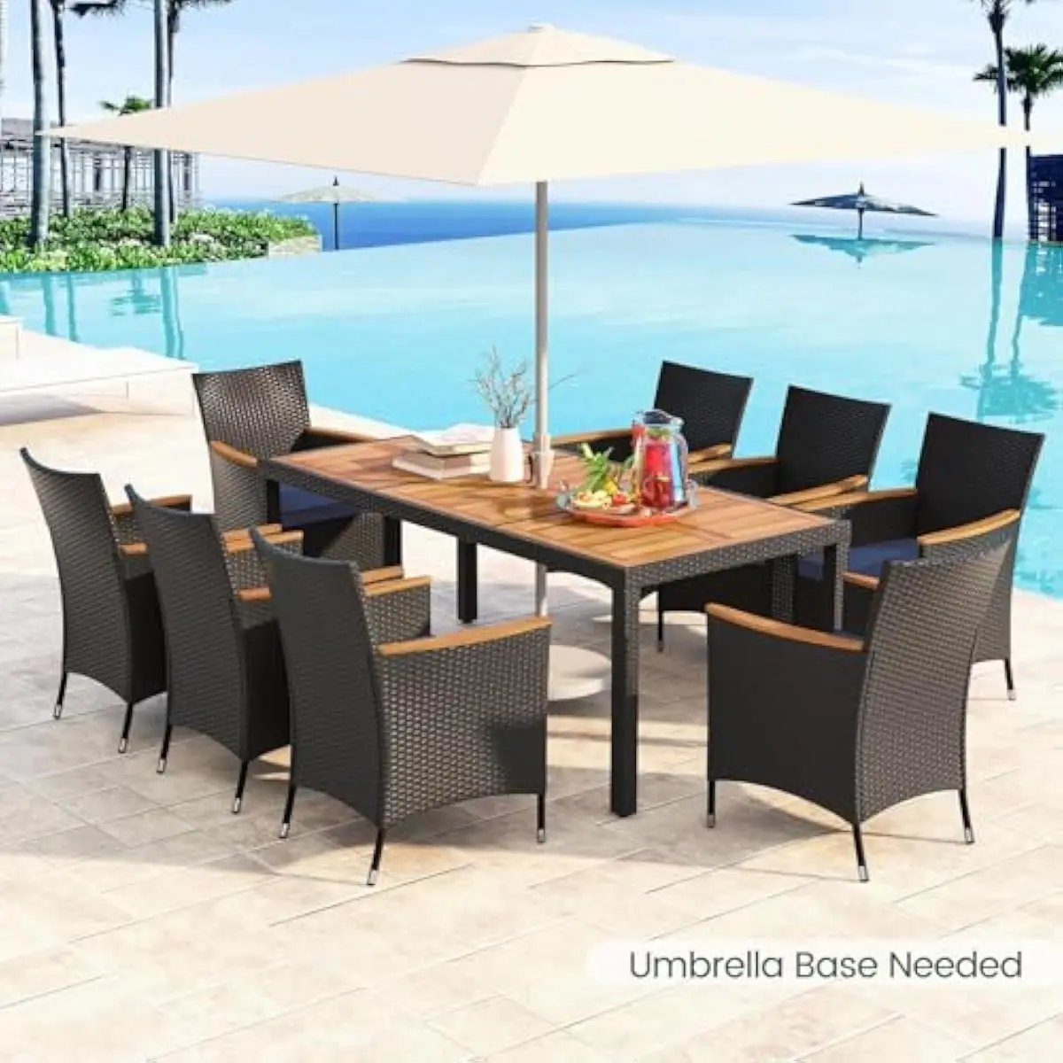 9-piece outdoor dining ensemble for 6 guests featuring rectangular acacia wood tabletop with 2-inch umbrella aperture plus eight