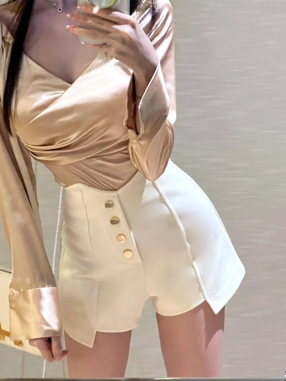 

Furry Kiwi Fabric High Waist orts Versatile All Seasons Wearable A-Line Skirt High Waist Design Pure Color Polyester M...