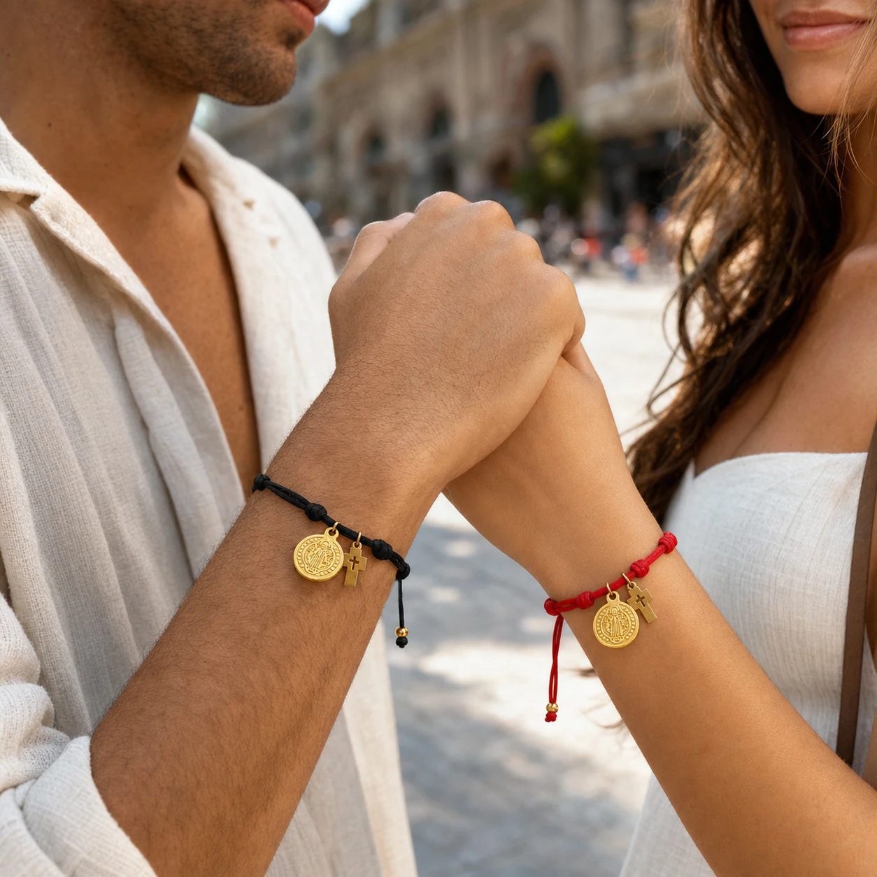 2pcs Catholic Cross Charm Rope Bracelet Gold Tone Metal Medal Pendant Adjustable Red Black Cord for Men Women Couple Style