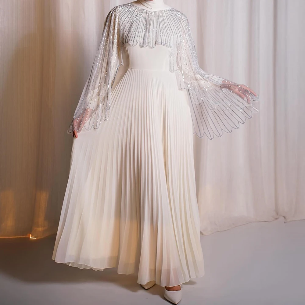 

Вечерние платья трапециевидной формы по индивидуальному заказу, длиной до щиколотки, с круглым вырезом и длинными рукавами, платье для выпускного вечера, модное палантин с блестками, простое драпированное вечернее платье