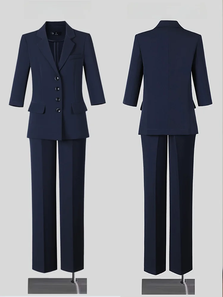 

Light Blue Suit Set Women's Spring Summer Thin New High-End Feeling Lady's Seven-Sleeve Western Suit Interview Formal Wear