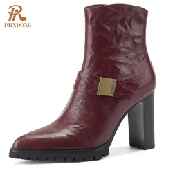 PRXDONG scarpe da donna 2024 nuova moda stivaletti in vera pelle tacchi alti piattaforma cerniera nera autunno inverno scarpe calde 39