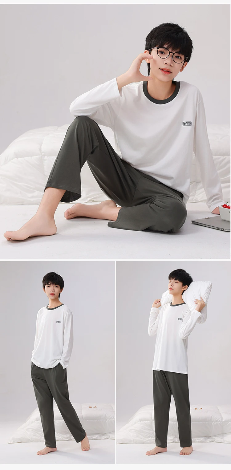 2-teiliges Set Jungen-Loungewear aus reiner Baumwolle, Frühlings- und Herbst-Pyjama für Jungen, bequeme, lockere Passform, lange Ärmel und lange Hose. – Detail 15