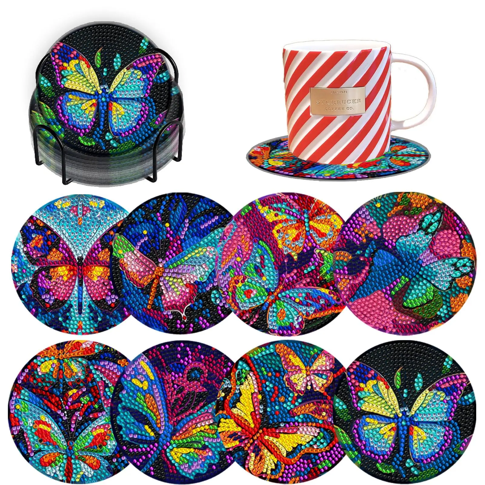 

8Pcs/set DIY Diamond Painting Coaster Butterfly Drink Cup Cushion DIY Diamond Art Coaster For Home Dining Decors Art Crafts