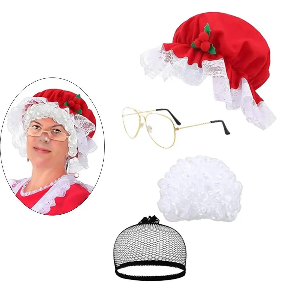 

Mrs Claus Wig Photo Props Dress up Curly Hair Wig with Glasses for Holiday