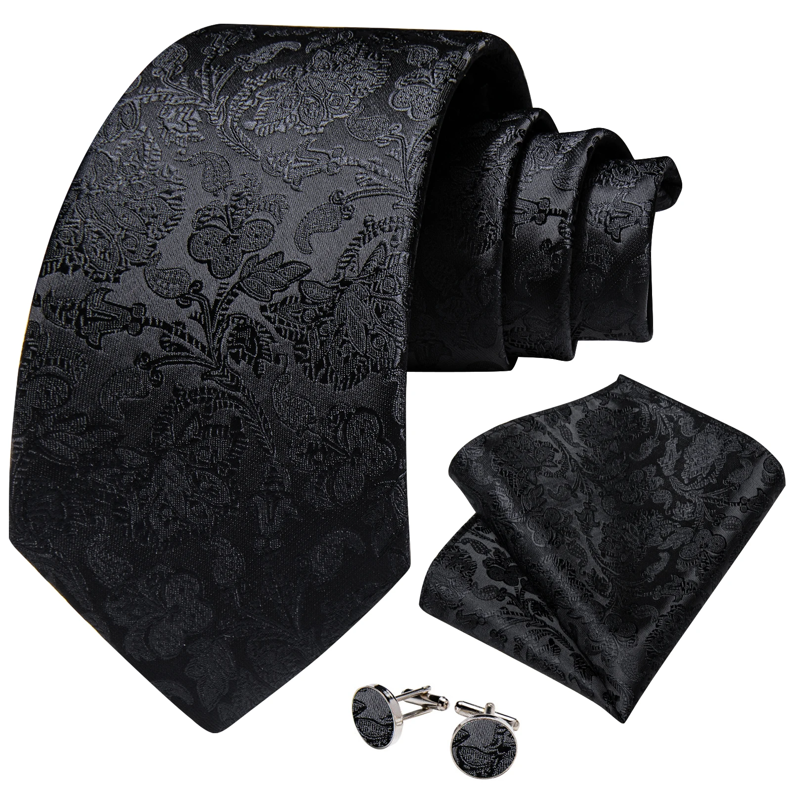 Conjunto de corbata de Cachemira sólida negra de lujo para hombres, gemelos cuadrados de bolsillo, corbata de cuello de seda tejida Jacquard para