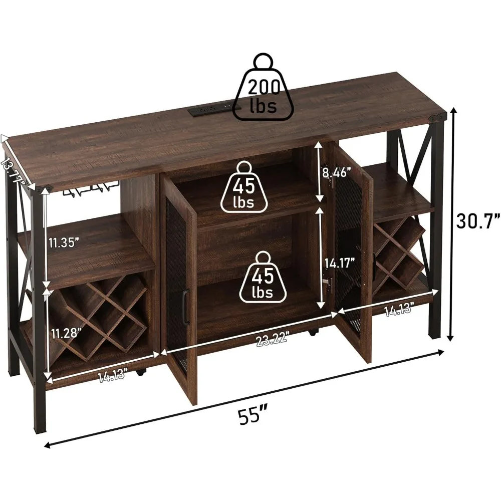 55" Industrial LED Bar Cabinet w/Outlet& 16,000 Color Lights,Rustic Liquor Coffee Bar w/Removable Wine Rack,Bar Cabinets