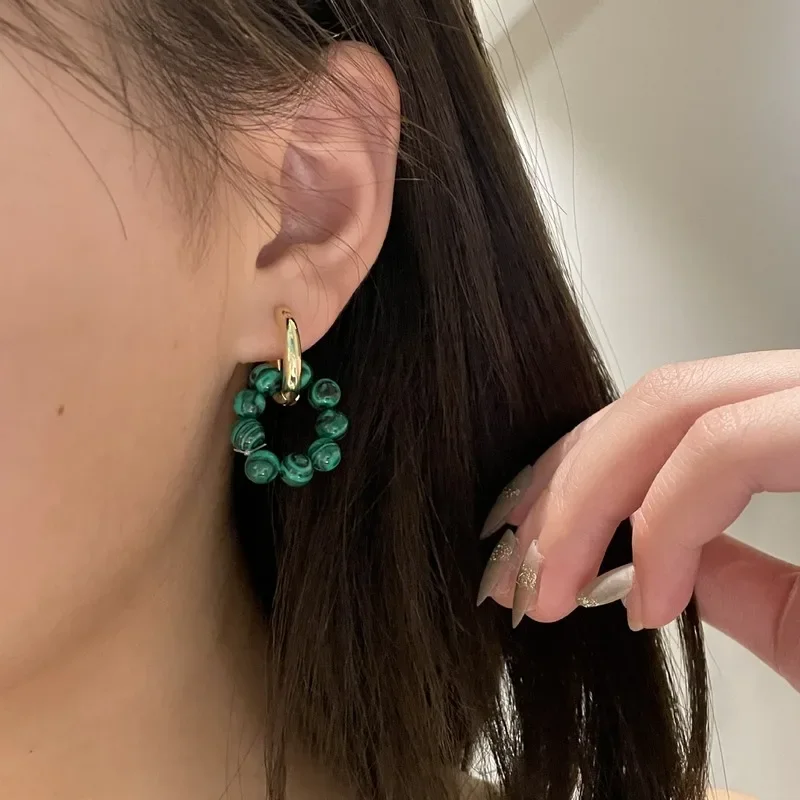 Vintage Green Malachite Beaded Asymmetric Hoops Earring Stainless Steel Huggie Hoop Earrings For Women Jewelry