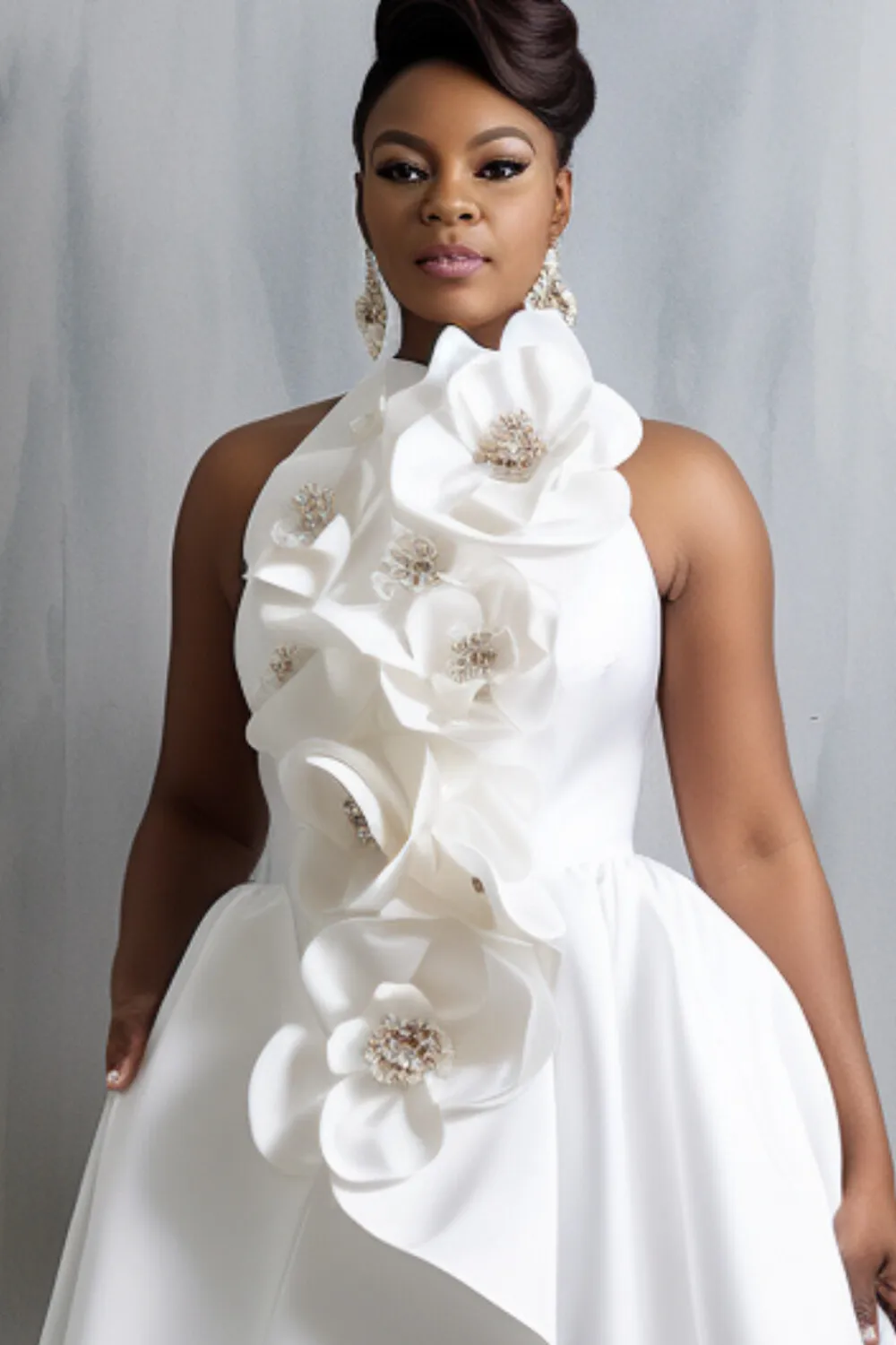 Plus Size Wedding White Halter Collar 3D Elegant High Low Hem Satin Maxi Dresses