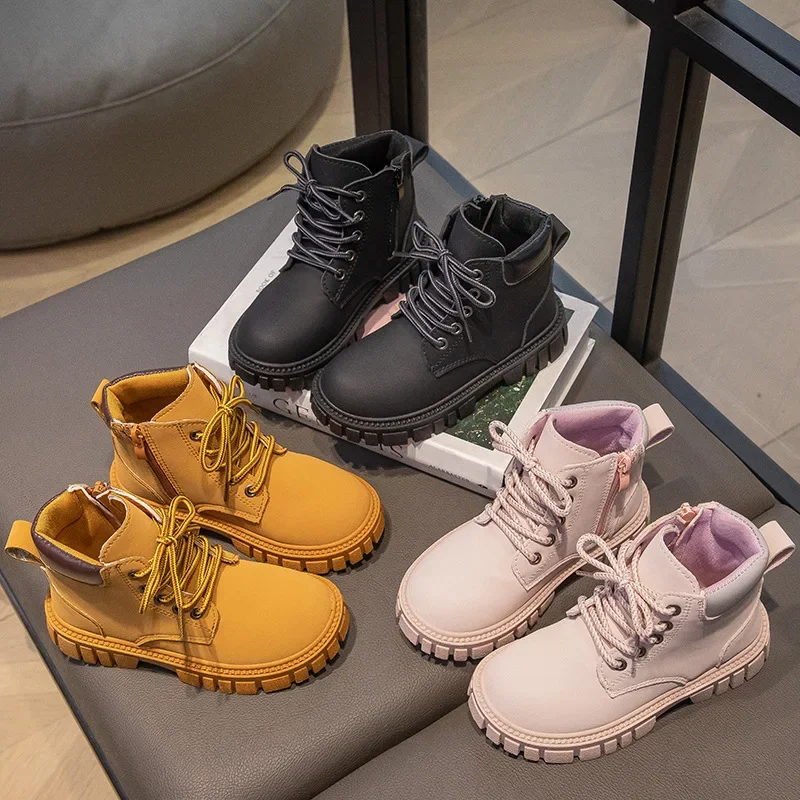 

Autumn Winter Children Soft Soled Yellow Boots Boys Fashion British Style Boots Low Top Solid Color Boots Girls Non-slip Shoes