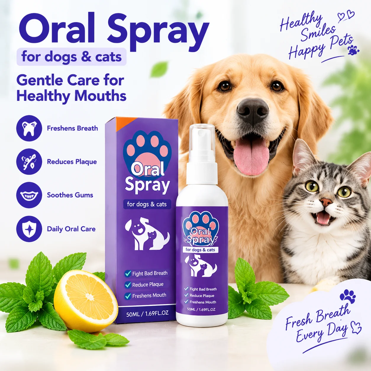 Pet Oral Spray Fresh Breath Cat Dog Tartar Remover Odor Eliminator Gum Care Dog Teeth Plaque Remover Pet Dental Cleaning Spray
