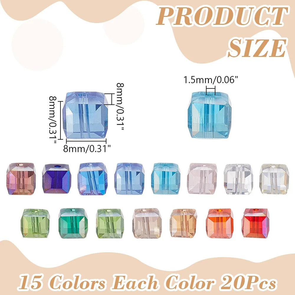 

15 Colors Electroplate Glass Beads AB Color Plated Faceted Cube Mixed Color 7~8x7~8x7~8mm Hole: 1.5mm 15 colors 20pcs/color