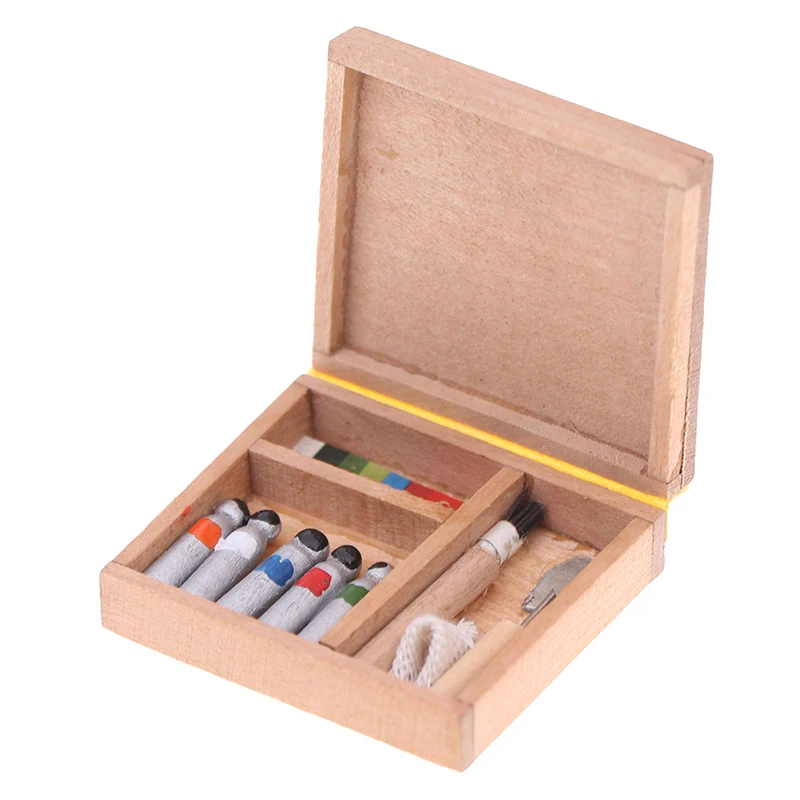 1:12 Dollhouse Miniature Artist Paint Pen Wood Box Model Toys Dolls Accessories