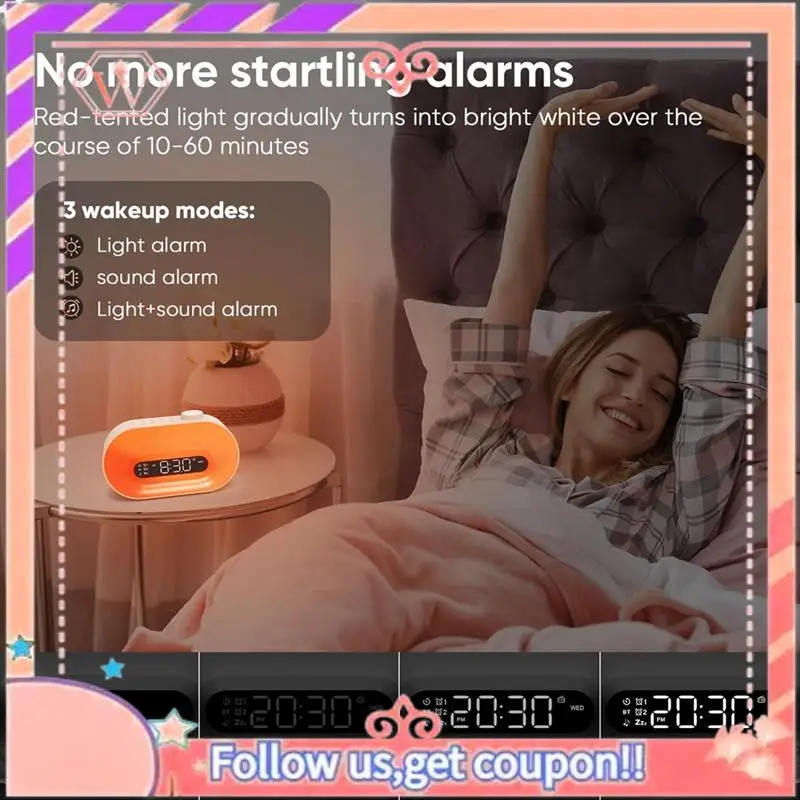 

Модернизированный будильник, пробуждение света, часы с постепенным солнечным светом, звуковая машина с 10 успокаивающими звуками, FM-радио, ночник