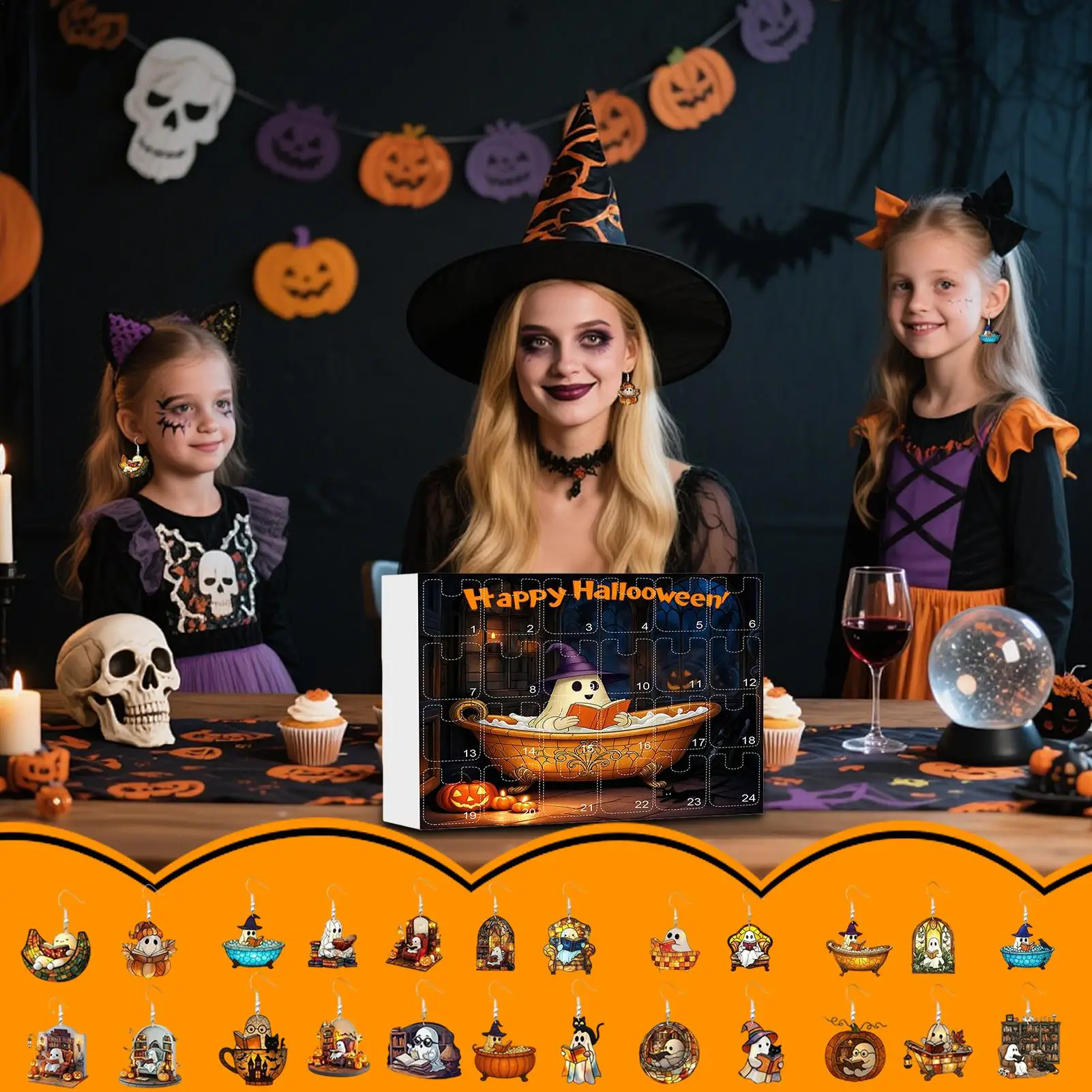 Halloween Calendar Advent 2025 Spooky Ghost Earrings 2d Flat Acrylic Jewelry For Girls Teen Women Holiday Party Home Decorations - Image 3