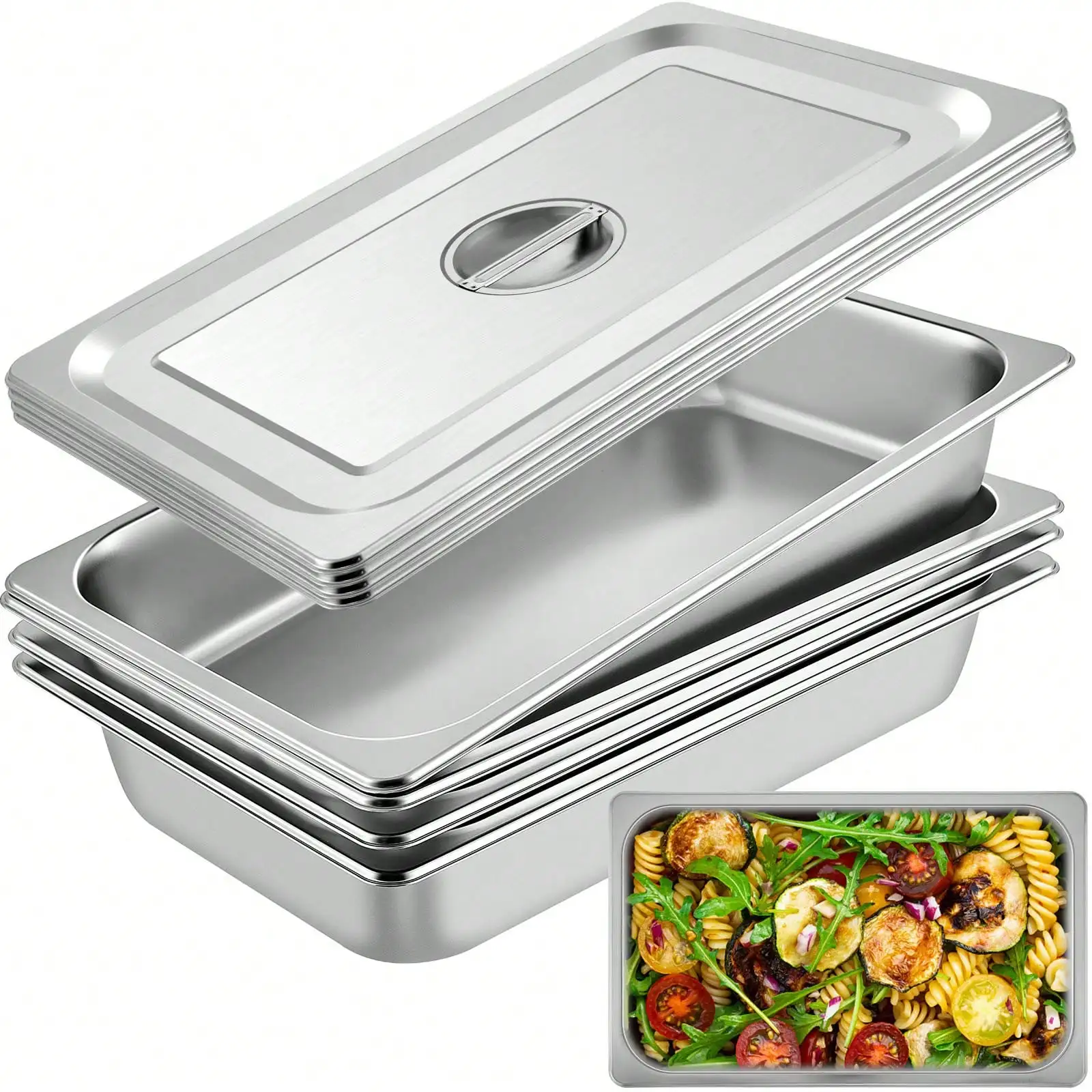 1/6 To Full Size Anti-Jam Steam Pan, 0.8mm Thick Stainless Steel Oven Tray, Restaurant Steam Table Pan, 2.5–6-Inch Deep Commerci
