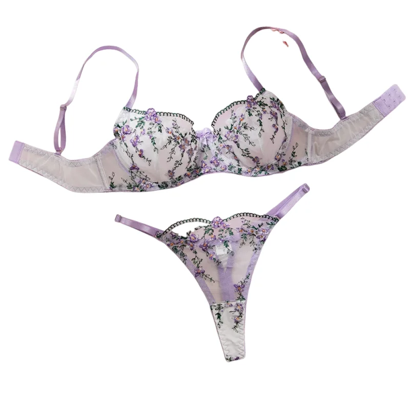 

KUCLUT Lace Embroidery Young Ladies Intimates Ultra Thin Transparent Push Up Floral Lingerie For Women Sexy Bra And Panty Set