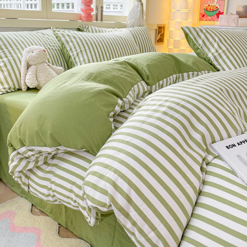 Rat Tail Green Striped Washed Cloud Cotton Duvet Cover Set Simple Solid Color Bedding with 2 Pillowcases Home Dormitory Decor