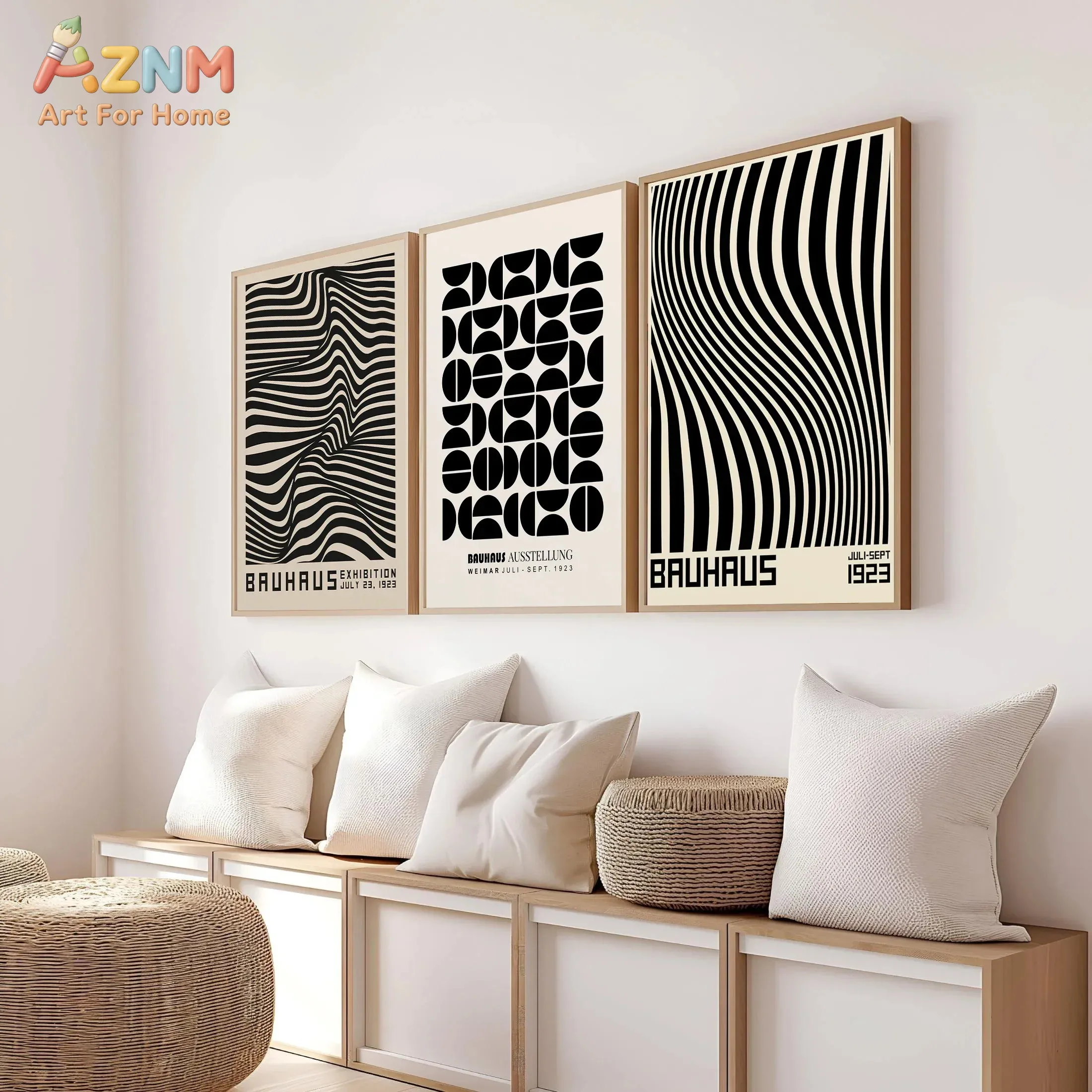 AZNM Ungerahmte Bauhaus Abstrakte Geometrische Leinwand-Wandkunst, Moderner Minimalistischer Schwarz-Weißer Wellenlinien-Druck, Mid-Century Ausstellung