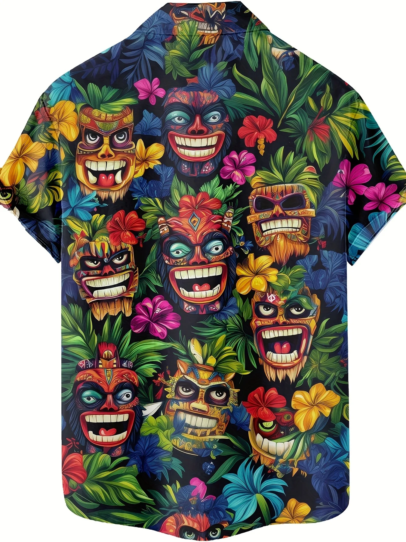 Men's Hawaiian Shirt Colorful Tiki Mask Tropical Flower Print Short Sleeve Button Down Casual Aloha