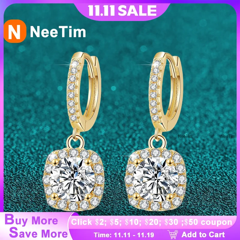 

NeeTim 1ct Moissanite Drop Earrings S925 Sterling Silver with Gold Plated Wedding Jewelry With Certificate Hoop Dangle Earrings